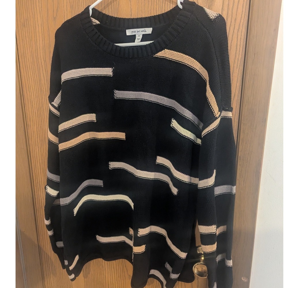Peace Love World Black Abstract Stripe Cotton Knit Sweater Artsy Mod Medium